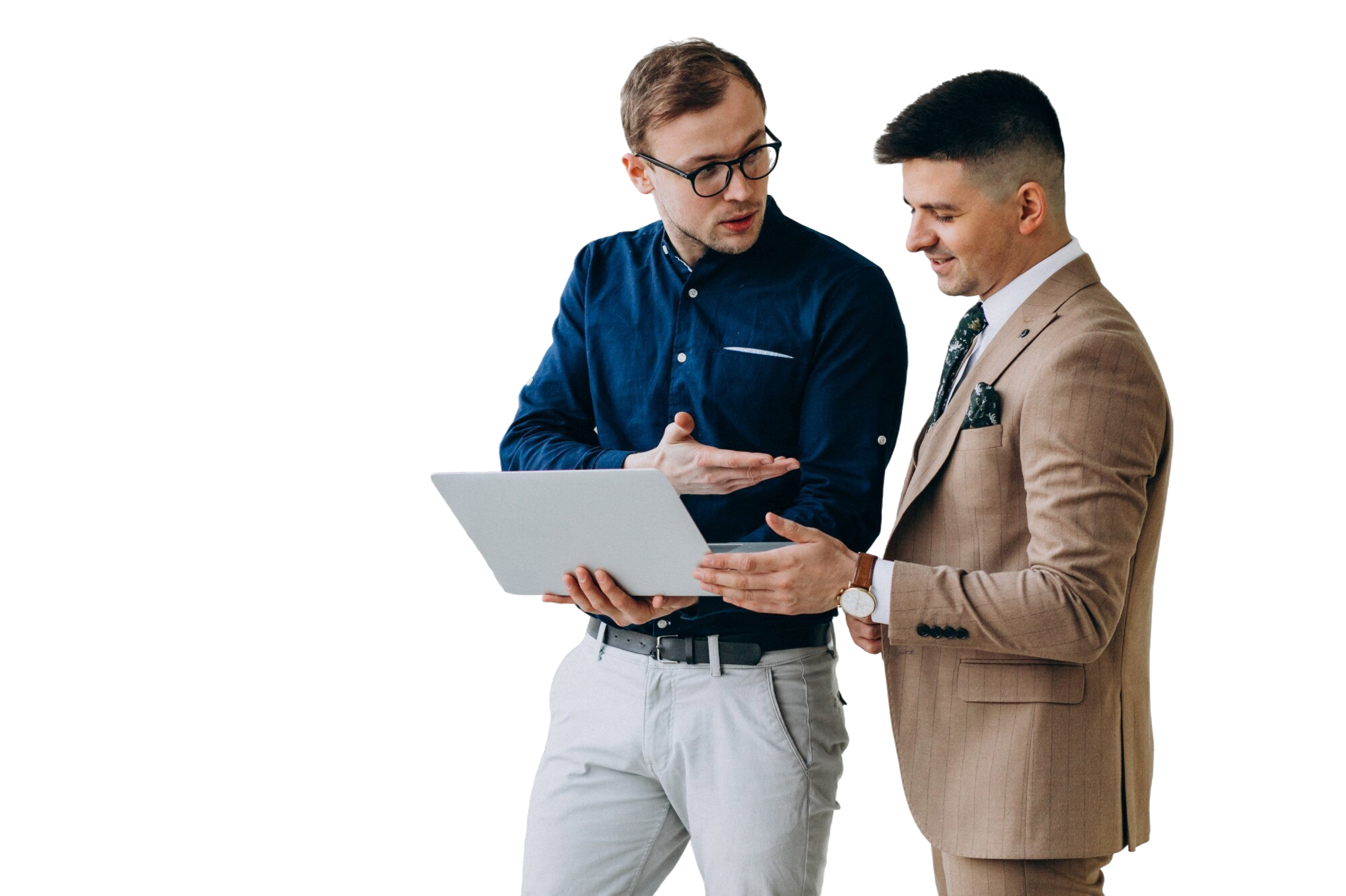 two male colleagues office standing with laptop